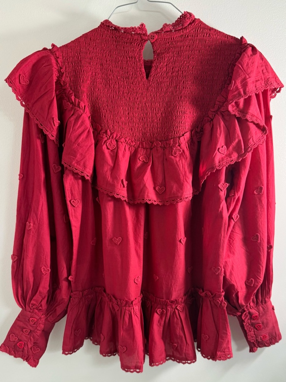 FARM Rio Red Ruffle-Yoke Heart Embroidered Top - Picture 4 of 4